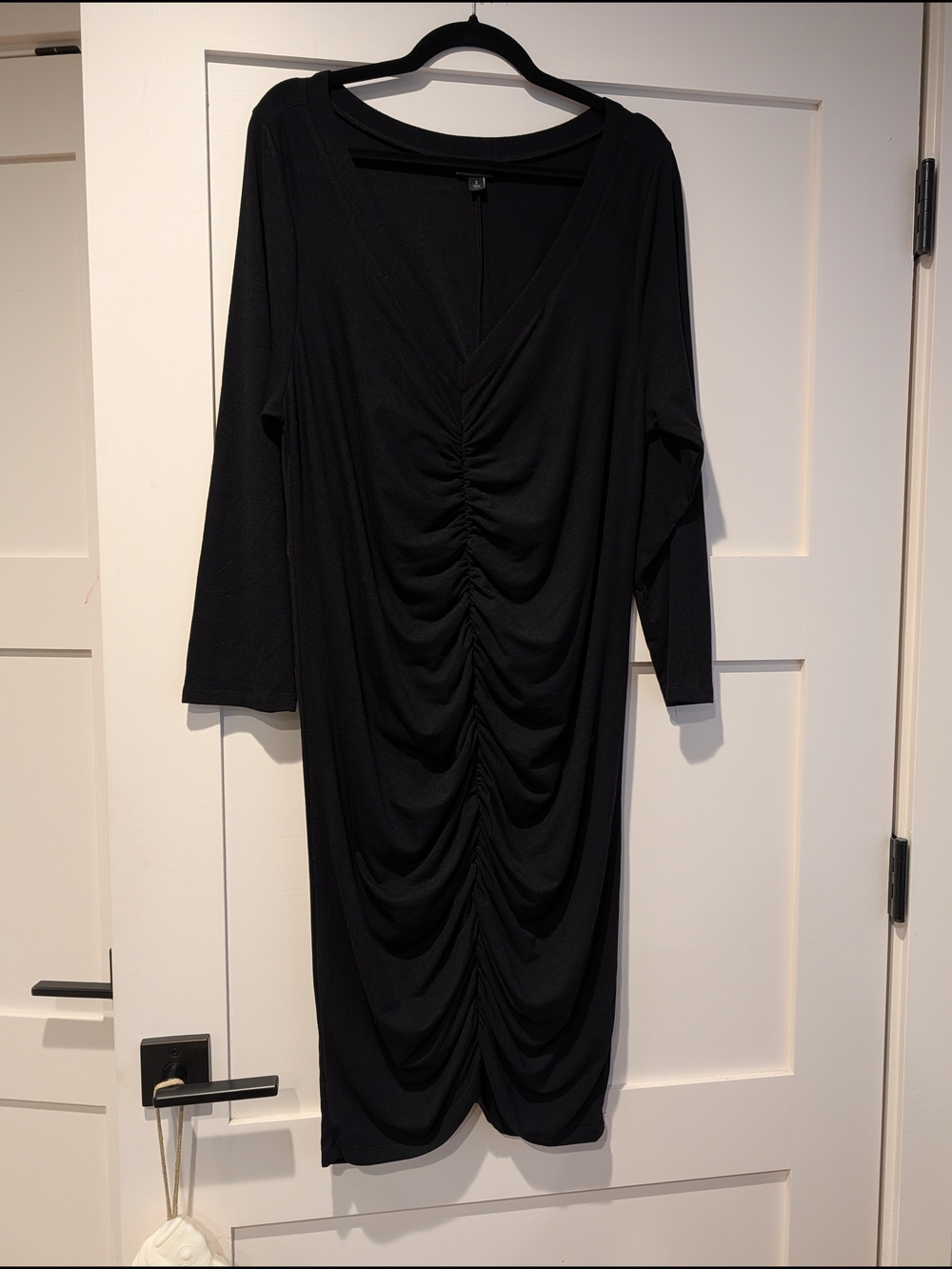 Black Ruched Deep V-Neck Women’s Dress